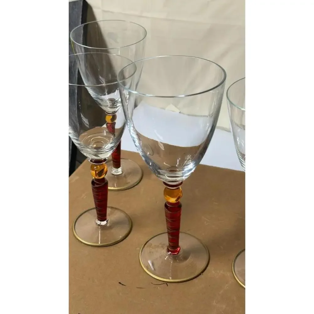 Set of 5 Handcrafted Amber Stem Wine Glasses‎ – 4 Matching + 1 Variant - Picture 11 of 16